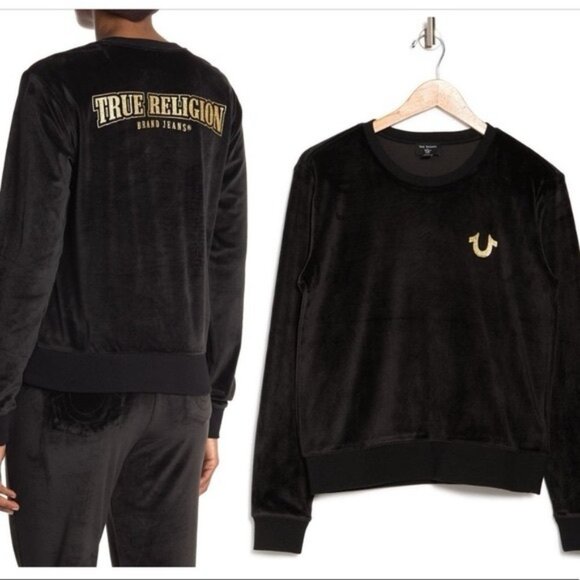 NWT TRUE RELIGION Black Glitter Velvet Pullover Sweatshirt Style 204213 Size XS - Picture 1 of 11
